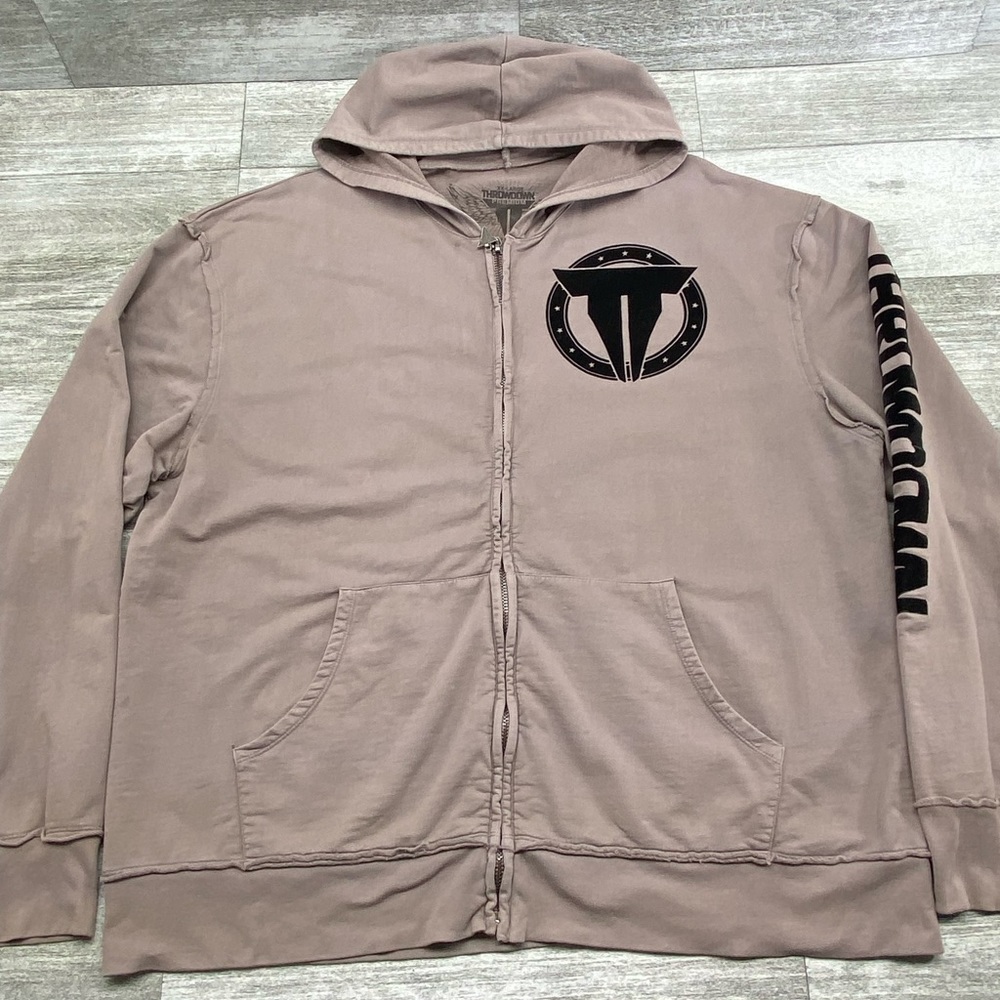 Throwdown Premium Mens XXL Textured Graphic Logo Full Zip Hoodie Gray Black USA